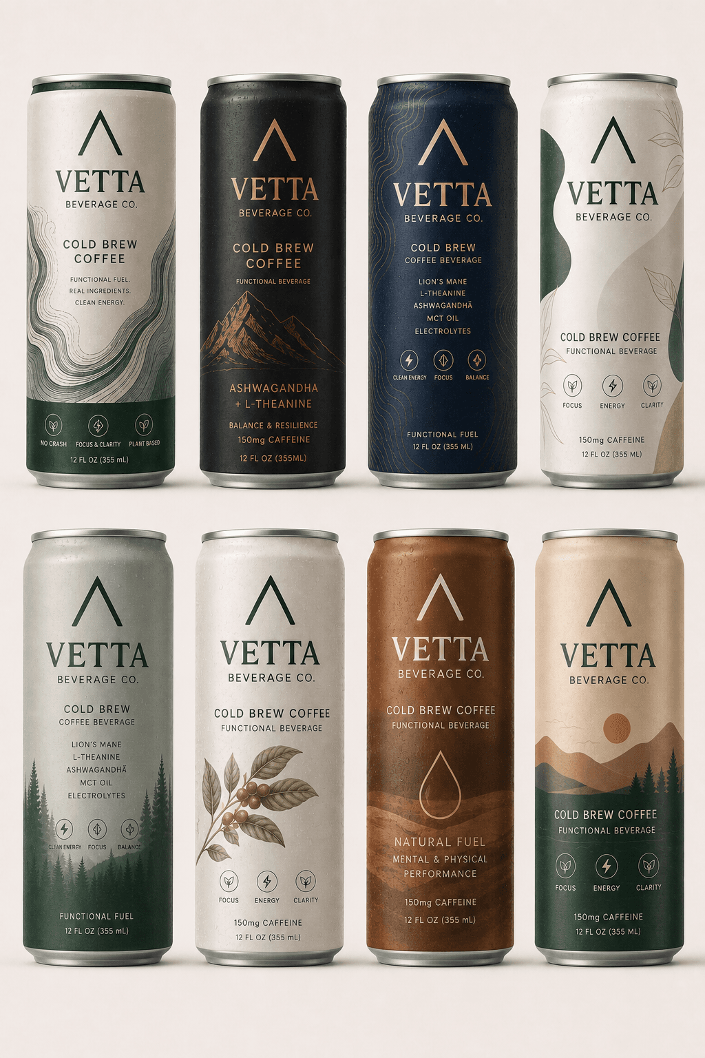 Eight early Vetta cold brew expressions arranged in a two-row grid